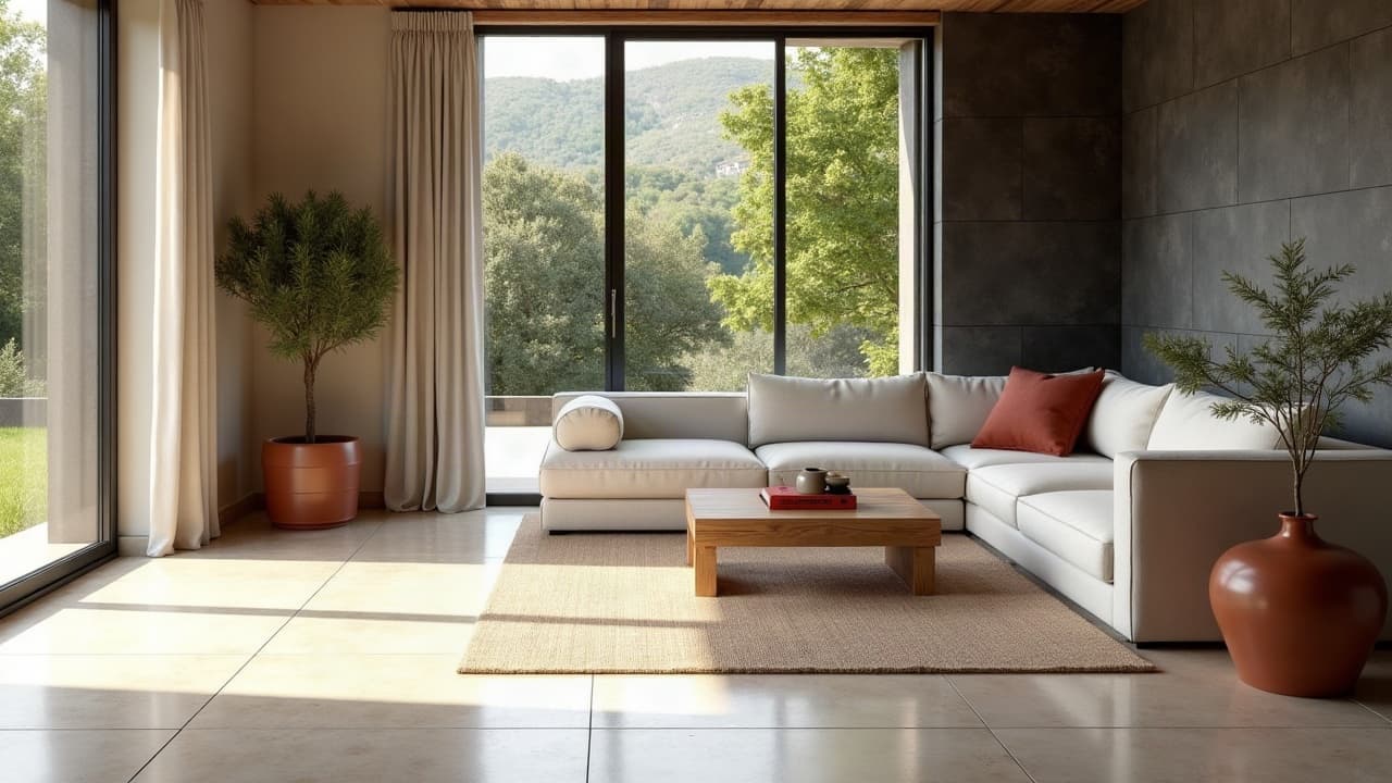 Séjour lumineux d'une maison rénovée près d'Aurillac, grands carreaux clairs, canapé et baie vitrée sur les collines