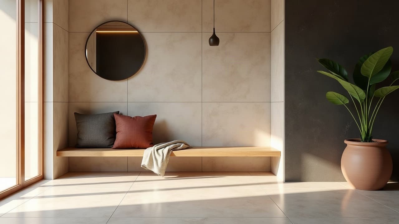 Entrée carrelée au sol et au mur, banc en chêne, miroir rond et plante, joints fins et alignés